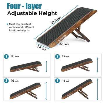 SweetBin 18" Tall Adjustable Pet Ramp - Small Dog Use Only - Wooden Folding Portable Dog & Cat Ramp Perfect for Couch or Bed with Non Slip Carpet Surface - 4 Levels Height Adjustable Up to 90Lbs
