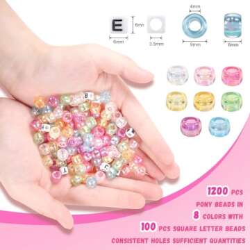 Pony Beads AB Colors, Hair Beads for for Kids Girls, 1200Pcs Pony Beads and 100 Pcs Letter Beads, Plastic Pastel Beads for DIY Crafts Braids Bracelet Jewelry Making (8 AB Colors)