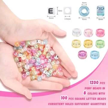Pony Beads AB Colors, Hair Beads for for Kids Girls, 1200Pcs Pony Beads and 100 Pcs Letter Beads, Plastic Pastel Beads for DIY Crafts Braids Bracelet Jewelry Making (8 AB Colors)