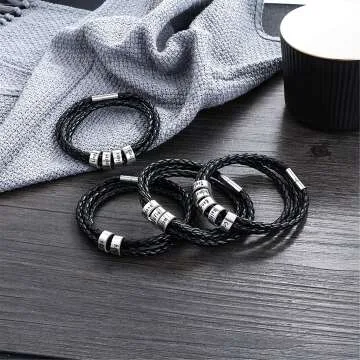 Custom Men's Leather Bracelet with Engraved Names