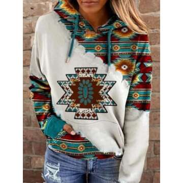 Akivide Women's 2024 Fall Aztec Floral Print Long Sleeve Hoodies with Pocket Casual Loose Ethnic Pul...