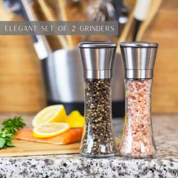 Gorgeous Salt And Pepper Grinder Set - Refillable Stainless Steel Combo Shakers With Adjustable Coar...