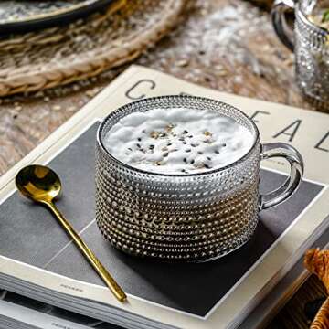 Gezzeny Vintage Glass Coffee Mugs 14 Oz Set of 2 Gray Embossed Tea Cups for Cappuccino, Latte,Cereal...
