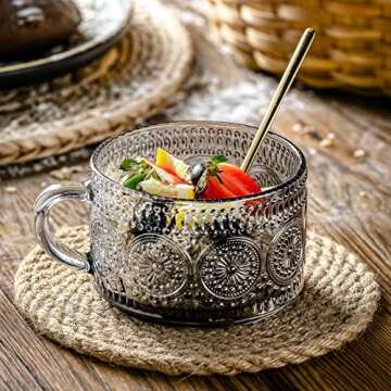 Gezzeny Vintage Glass Coffee Mugs 14 Oz Set of 2 Gray Embossed Tea Cups for Cappuccino, Latte,Cereal, Yogurt, Beverage Hot/Cold Mother's Father's Day Gifts