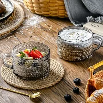 Gezzeny Vintage Glass Coffee Mugs 14 Oz Set of 2 Gray Embossed Tea Cups for Cappuccino, Latte,Cereal, Yogurt, Beverage Hot/Cold Mother's Father's Day Gifts