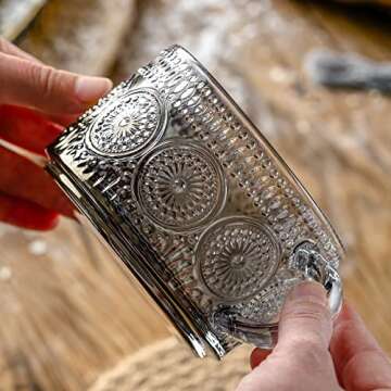 Gezzeny Vintage Glass Coffee Mugs 14 Oz Set of 2 Gray Embossed Tea Cups for Cappuccino, Latte,Cereal, Yogurt, Beverage Hot/Cold Mother's Father's Day Gifts