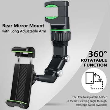 PKYAA Rearview Mirror Phone Mount Holder for Car, 360° Rotating , Multifunctional Mount Phone and G...