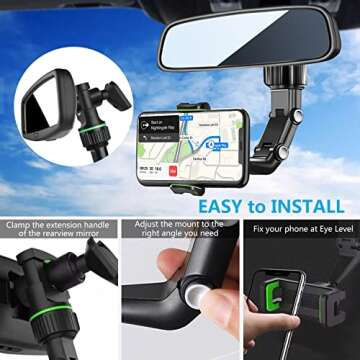 PKYAA Rearview Mirror Phone Mount Holder for Car, 360° Rotating , Multifunctional Mount Phone and GPS Holder Universal Car Phone Holder for All Smartphones