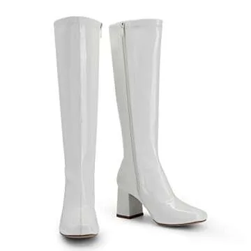 DREAM PAIRS Women's Gogo Boots, Square Toe Chunky Knee High Boots for Women，Fall Long Boots for Disco Cosplay Halloween Outfits, Sdkb2231w, White/Patent/Pu, Size 7