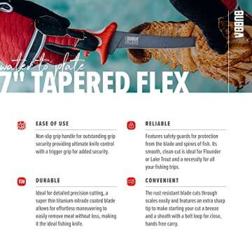 BUBBA 7 Inch Tapered Flex Fillet Fishing Knife with Non-Slip Grip Handle, Full Tang Stainless Steel Non-Stick Blade, Lanyard Hole and Synthetic Sheath for Fishing, Boating and Hunting