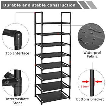 barsone Shoe Rack 8 Tiers, 16-20 Pairs Shoe Organizer Storage Shelf Stand Tower Shoe Rack, Space Saving Shoe Shelves Narrow Free Standing Shoe Rack for Closet Entryway Hallway Apartment Garage