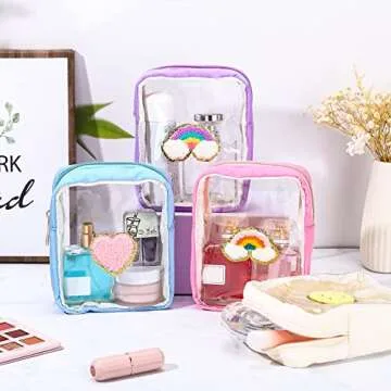 Spiareal 4 Pcs Preppy Patch Makeup Bag Cute Chenille Letter Pouch Cosmetic Makeup Cases Toiletry Bag with Zipper Travel Organizer Stuff Skincare Bags for Women Nurse(Transparent Surface)