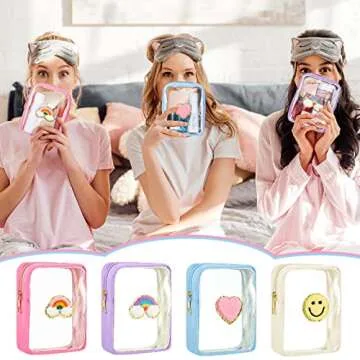 Spiareal 4 Pcs Preppy Patch Makeup Bag Cute Chenille Letter Pouch Cosmetic Makeup Cases Toiletry Bag with Zipper Travel Organizer Stuff Skincare Bags for Women Nurse(Transparent Surface)