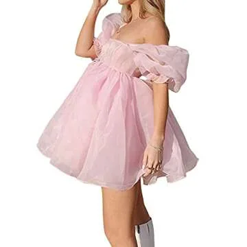 Women's Puff Sleeve Tulle Princess Dress Off Shoulder Square Collar Mini Dress Puffy Mesh Party Prom Evening Dress(Pink, Medium)