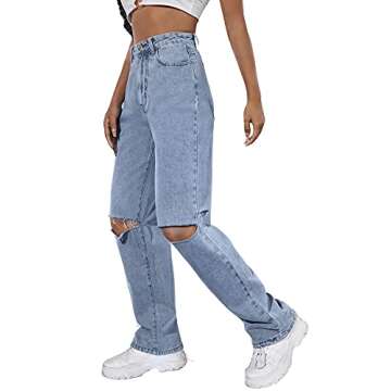 SweatyRocks Women's Ripped Straight Leg Jeans High Waist Distressed Cutout Denim Pants Light Wash Blue L