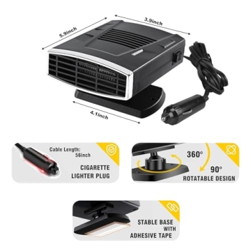 Car Heater,12V 200W Portable Car Heaters for Vehicle,2-in-1 Fast Heating Heater for Car Plug in Cigarette Lighter with 360-Degree Rotating Base (Black&Silver)