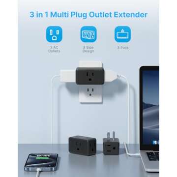Multi Plug Outlet Extender, VINTAR 3 Plug Outlet Adapter, Multiple Outlet Splitter, Grounded Wall Ta...