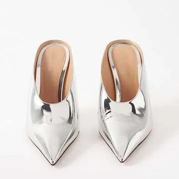 Arqa Metallic Leather Heeled Mules for Women Pointed Toe Wedge Heel Slide Sandals Slip-on Mule Heels Silver Size 9.5
