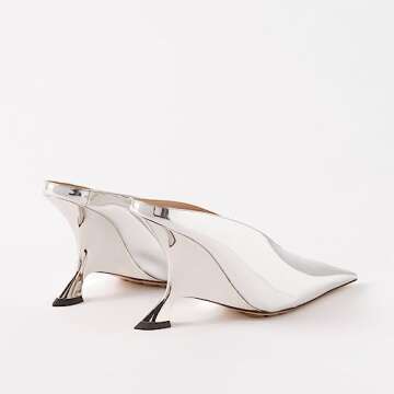 Arqa Metallic Leather Heeled Mules for Women Pointed Toe Wedge Heel Slide Sandals Slip-on Mule Heels Silver Size 9.5