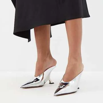 Arqa Metallic Leather Heeled Mules for Women Pointed Toe Wedge Heel Slide Sandals Slip-on Mule Heels Silver Size 9.5