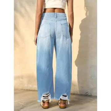 Cicy Bell Womens Baggy Barrel Jeans Horseshoe Wide Leg Boyfriend Cropped Raw Hem Denim Pants Wash Blue