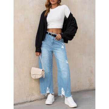 Cicy Bell Womens Baggy Barrel Jeans Horseshoe Wide Leg Boyfriend Cropped Raw Hem Denim Pants Wash Blue