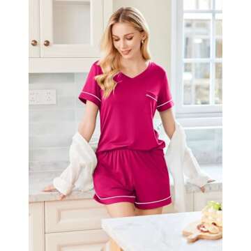 Ekouaer Pajamas Set for Women 2 Piece Short Sleeve Sleepwear Soft V Neck Tops and Shorts Pjs Lounge Set with Pocket,Rose,Small