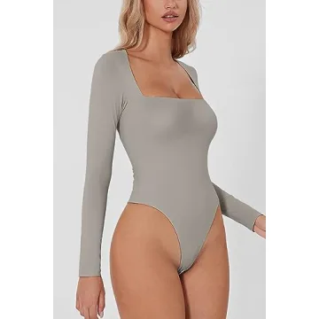 QINSEN Women's Sexy Square Neck Bodysuit Long Sleeve Top
