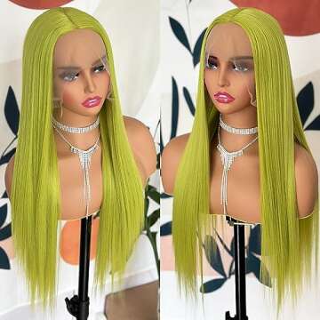Itimay Green Hair Lace Front Wig Long Straight Wig Natural Hair Heat Resistant Fiber Hair Synthetic ...