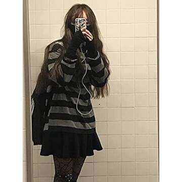 Chvity Womens Harajuku Long Sleeve Oversized T Shirts for Women Casual Crewneck Black and Gray Stripe Tops(Gray,XXL)