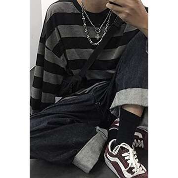 Chvity Womens Harajuku Long Sleeve Oversized T Shirts for Women Casual Crewneck Black and Gray Stripe Tops(Gray,XXL)