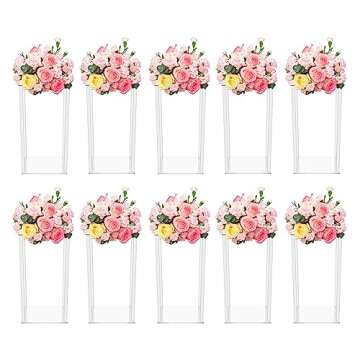 10 Pcs-Rectangle Flower Vase Column Clear Acrylic Flower Stand Party Wedding Centerpiece for Table Decoration Bouquet Display Pillars, Acrylic Tall Vases for Centerpieces Geometric Decor