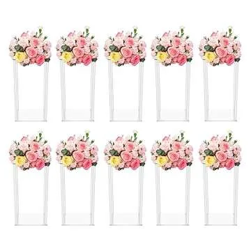 10 Pcs-Rectangle Flower Vase Column Clear Acrylic Flower Stand Party Wedding Centerpiece for Table Decoration Bouquet Display Pillars, Acrylic Tall Vases for Centerpieces Geometric Decor