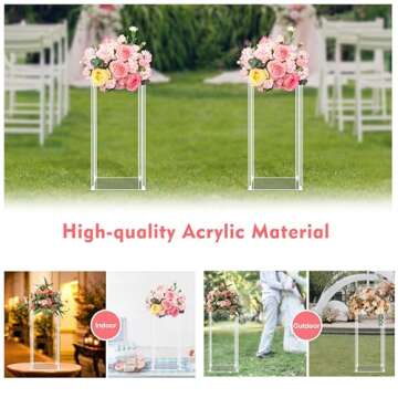 10 Pcs-Rectangle Flower Vase Column Clear Acrylic Flower Stand Party Wedding Centerpiece for Table Decoration Bouquet Display Pillars, Acrylic Tall Vases for Centerpieces Geometric Decor