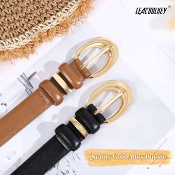LEACOOLKEY 2 Pack Women Leather Belts for Jeans Dress Fashion Skinny Belt with Gold Silver Buckle