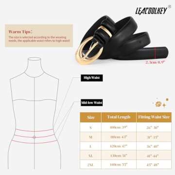 LEACOOLKEY 2 Pack Women Leather Belts for Jeans Dress Fashion Skinny Belt with Gold Silver Buckle