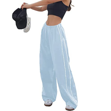 Women Loose Fit Cargo Trousers Elastic Low Waist Baggy Wide Leg Parachute Pants Y2K Clothing Blue L