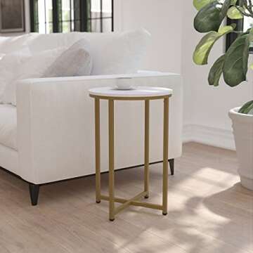 Flash Furniture Hampstead Collection End Table - Modern White Marble Finish End Table - Crisscross B...