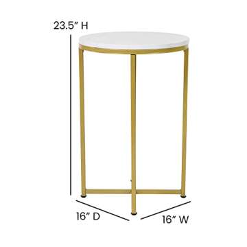 Flash Furniture Hampstead Collection End Table - Modern White Marble Finish End Table - Crisscross Brushed Gold Frame
