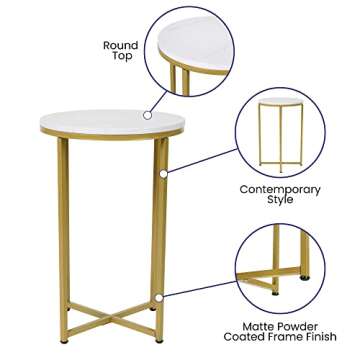 Flash Furniture Hampstead Collection End Table - Modern White Marble Finish End Table - Crisscross Brushed Gold Frame