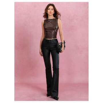 Milumia Women's Faux Leather Tank Top Shirt Ruched Fitted Going Out Tops Brown