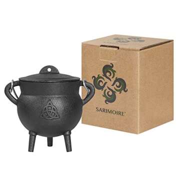 Cauldron -5.25 Inch Triquetra Cast Iron Cauldron with Lid and Handle - Perfect Incense Smudge Kit Sa...