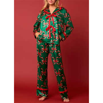 Thopavenoir Women 2 Piece Christmas Pajamas Set Cute Bow Tie Long Sleeve Button Down Shirt High Waist Wide Leg Pants Pj Set (Green #A, L)