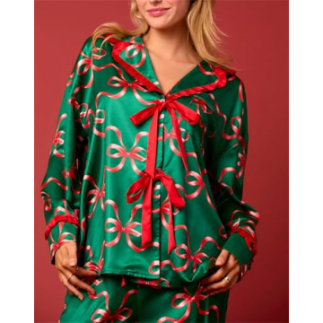 Thopavenoir Women 2 Piece Christmas Pajamas Set Cute Bow Tie Long Sleeve Button Down Shirt High Waist Wide Leg Pants Pj Set (Green #A, L)