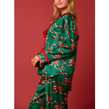 Thopavenoir Women 2 Piece Christmas Pajamas Set Cute Bow Tie Long Sleeve Button Down Shirt High Waist Wide Leg Pants Pj Set (Green #A, L)
