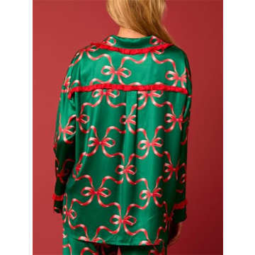 Thopavenoir Women 2 Piece Christmas Pajamas Set Cute Bow Tie Long Sleeve Button Down Shirt High Waist Wide Leg Pants Pj Set (Green #A, L)