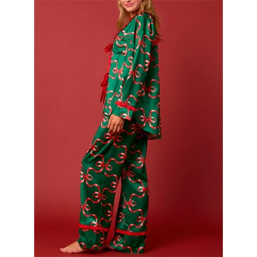 Thopavenoir Women 2 Piece Christmas Pajamas Set Cute Bow Tie Long Sleeve Button Down Shirt High Waist Wide Leg Pants Pj Set (Green #A, L)