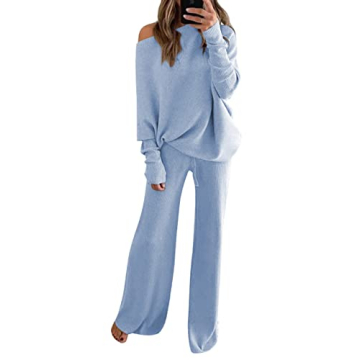 Women's Plus Size 2 Piece Solid Color Off Shoulder Ribbed Matching Sweatsuit Lounge Pajamas Set Leis...