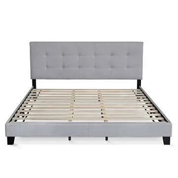 Furinno Laval Button Tufted Upholstered Platform Bed Frame, King, Glacier