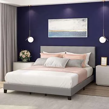 Furinno Laval Button Tufted Upholstered Platform Bed Frame, King, Glacier